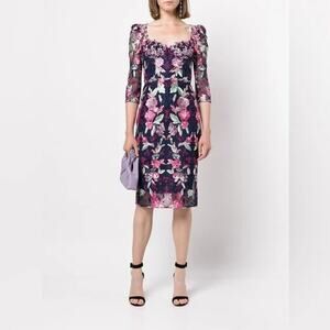 Marchesa Notte Embroidered Sheath Floral Dress‎ Navy/Pink Size 6